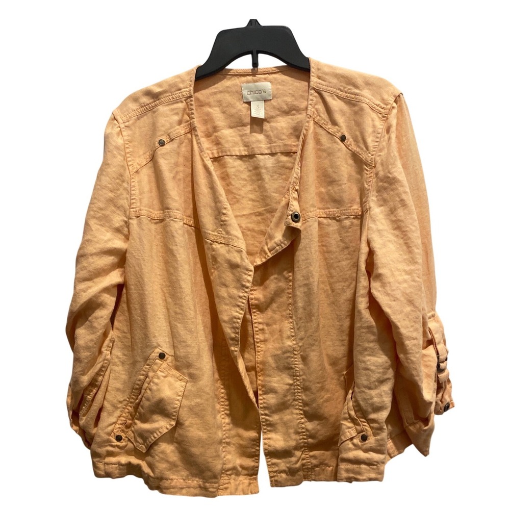 Chicos Peach Linen Blend Utility Jacket Adjustable‎ Ruched Sleeve Size 3 XL